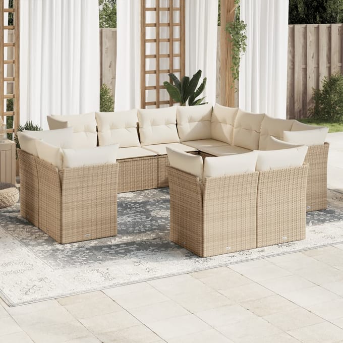 vidaXL - 11-delige - Tuinset - met - kussens - poly - rattan - beige