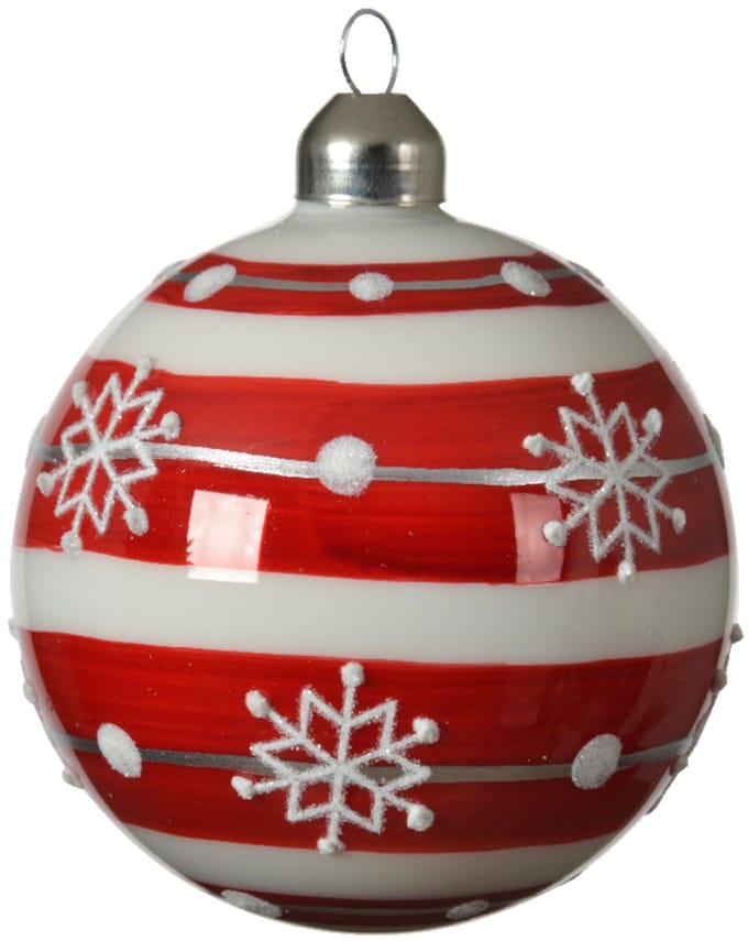 KAEMING B.V. - 3 rode en witte gestreepte glazen kerstballen met sneeuwvlokken 8 cm voor de kerstboom