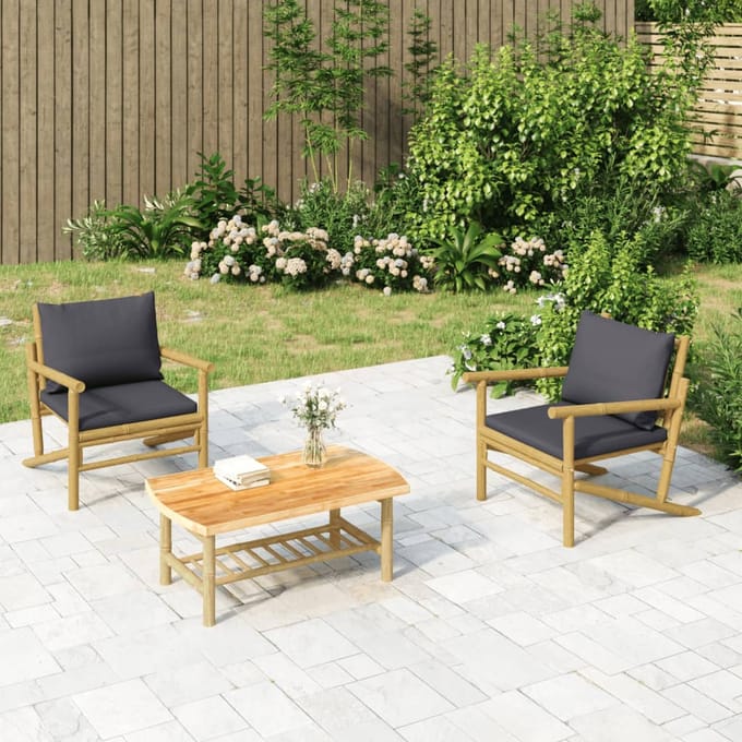 vidaXL - 3-delige - Loungeset - met - kussens - bamboe - donkergrijs