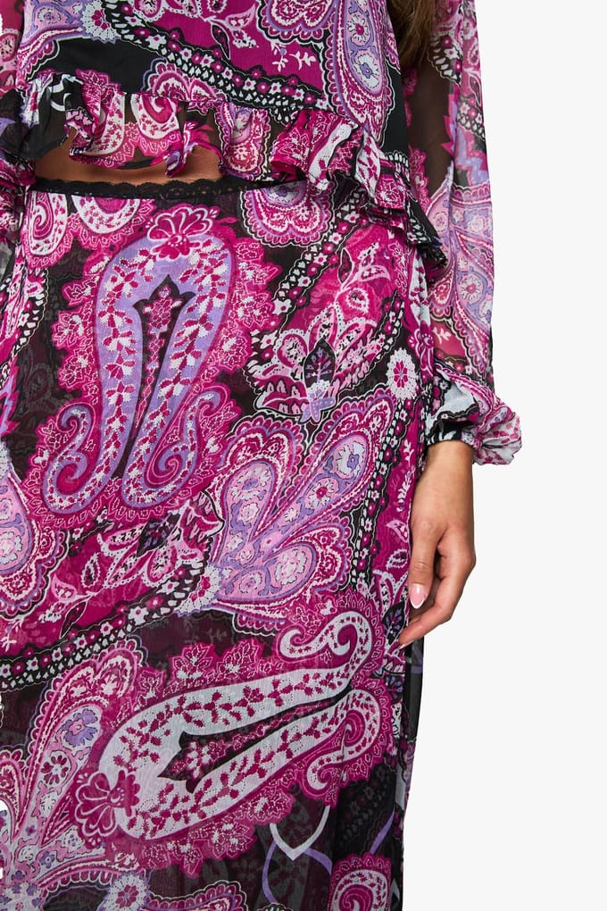 boohoo Dames Paisley Chiffon Hanky Hem Midi Rok | Purple | Maat: 6