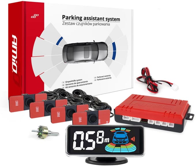 AMiO Parkeersensor Parkeerhulpsysteem met 4 Plak Sensoren & Pieper Schermpje Zwart