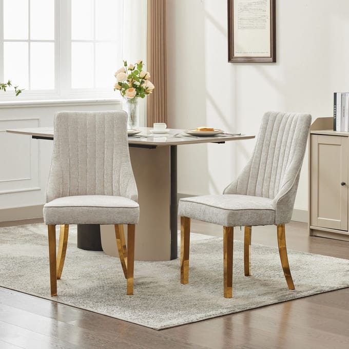 Clruro Rayon Stof Flocking Eetkamerstoelen - Set van 2 - Gouden Stalen Poten - Beige