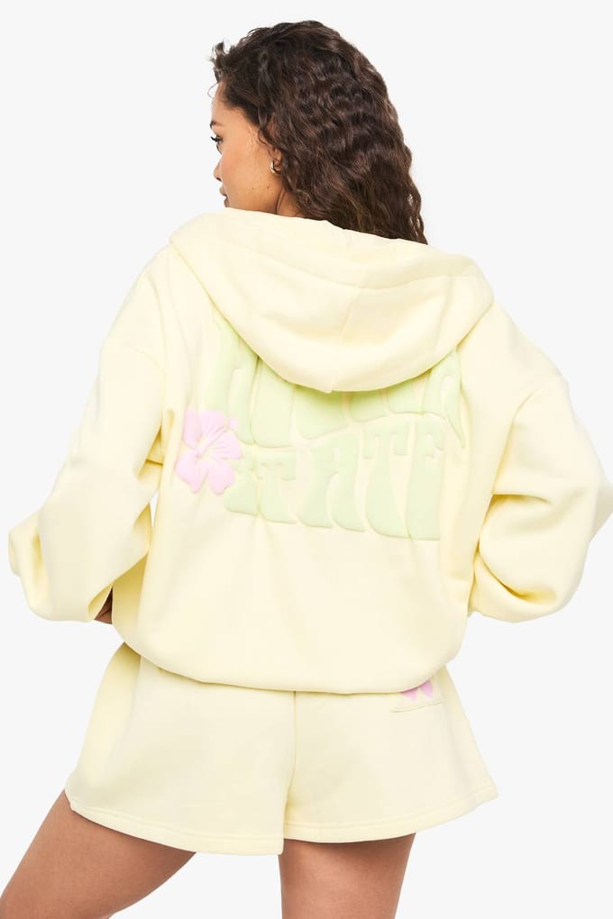 boohoo Dames Korte trainingspak met bloemenpuffprint en ritssluiting | Citroen | Maat: Medium
