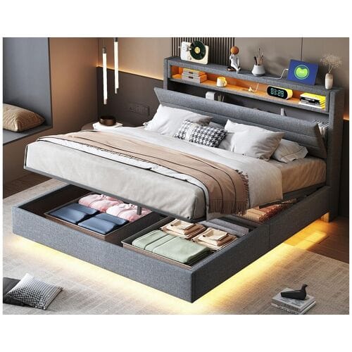 ModernLuxe Gestoffeerd linnenopbergbed 140x200 cm - met USB-aansluiting en LED - Grijs