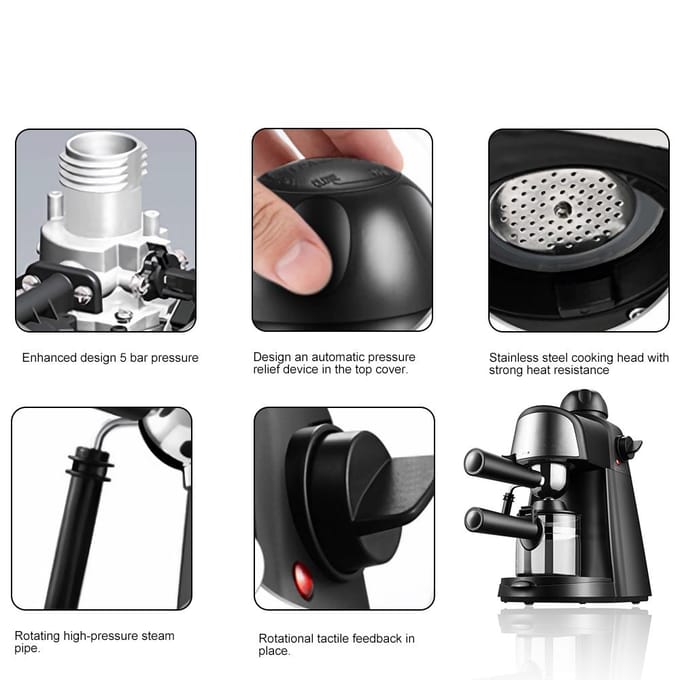 Espressomachine 5 bar 2-4 kopjes 240 ml capaciteit 800 W espressomachine met stoommelkopschuimer EU Plug zwart