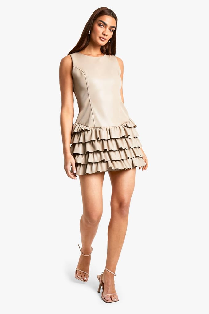 boohoo Dames PU Ruffle Hem Mini Jurk | Steen | Maat: 38