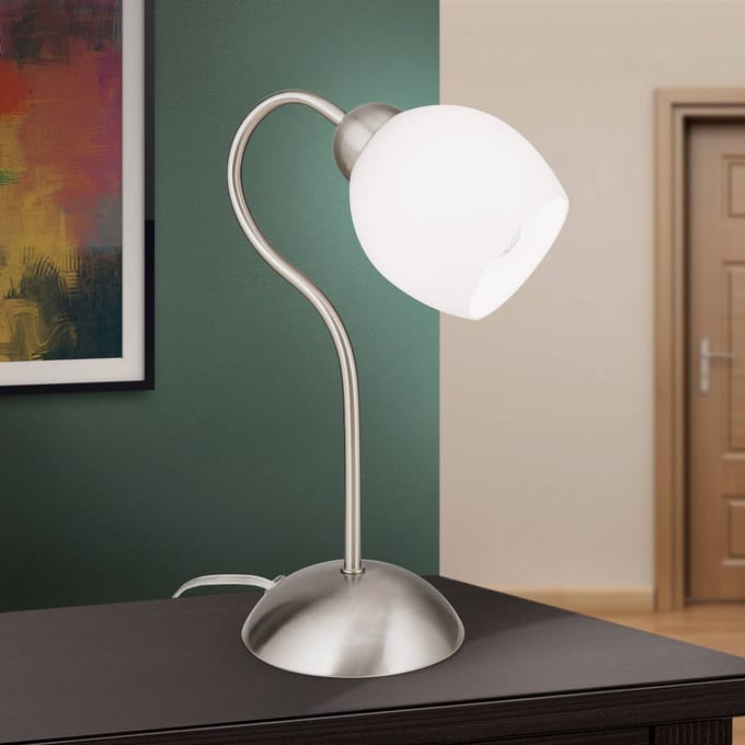 ORION Doma tafellamp, satijn nikkel, hoogte 30 cm, glas