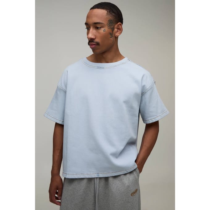 Oversized Boxy Stretch Denim T-Shirt | Light Blue | Size XS