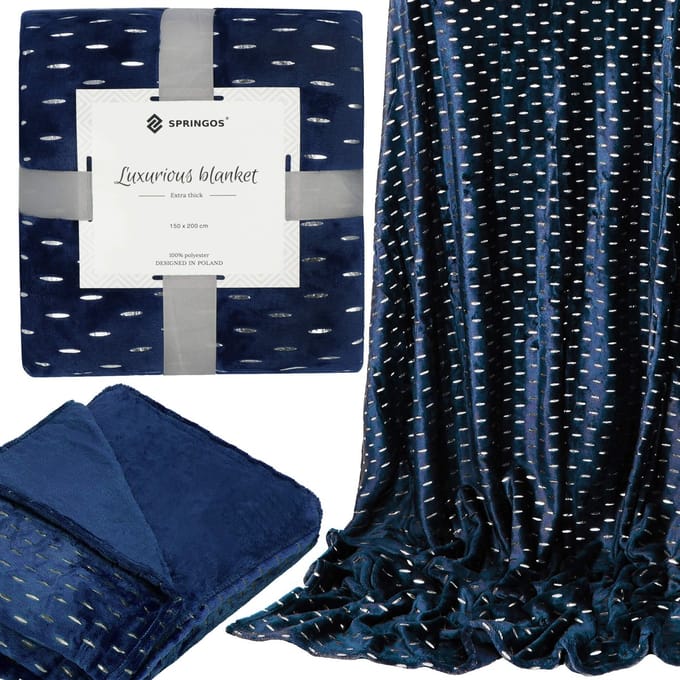 Springos Plaid | Sprei | Deken | 200 x 150 cm | Pluche | Blauw/ Goud