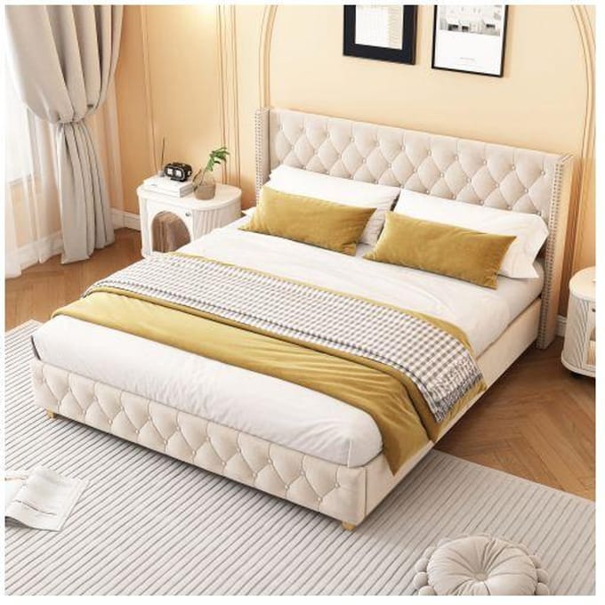 Lit - MUVOE - 180x200 cm - Gestoffeerd - Hoofdbord met knopen - Lichtbeige beige