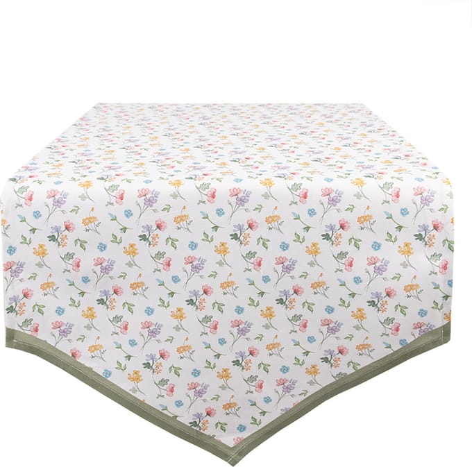 Clayre & Eef Tafelloper 50x160 cm Wit Groen Katoen Bloemen