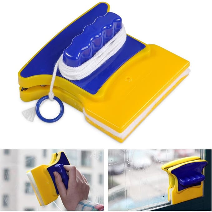 Vierkante dubbelzijdige magnetische glasreiniger met 2 reinigingswatten voor ramen yellow