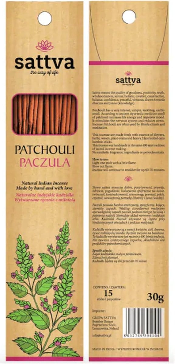 Natuurlijke wierook 'patchouli', Sattva, 15 sticks, 30 gram