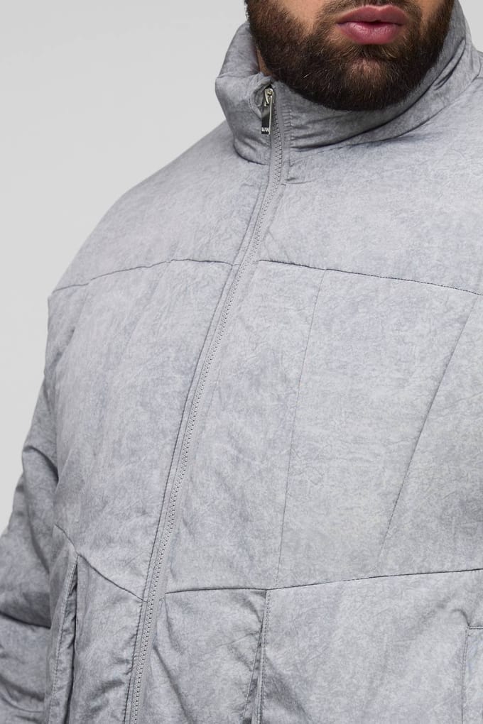 Plus Oversized Fit Gewassen Nylon Gevoerde Funnel Neck Puffer Jas | Grey | Size 2XL