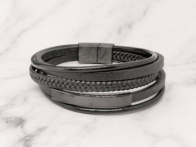 Mei's - Hide Leather Ropes - armband heren - leer/RVS zwart - polsmaat 18 cm
