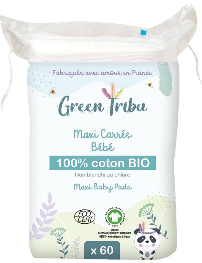 Green Tribu Maxi Carrés Bébé Coton Bio 60 wattenschijfjes