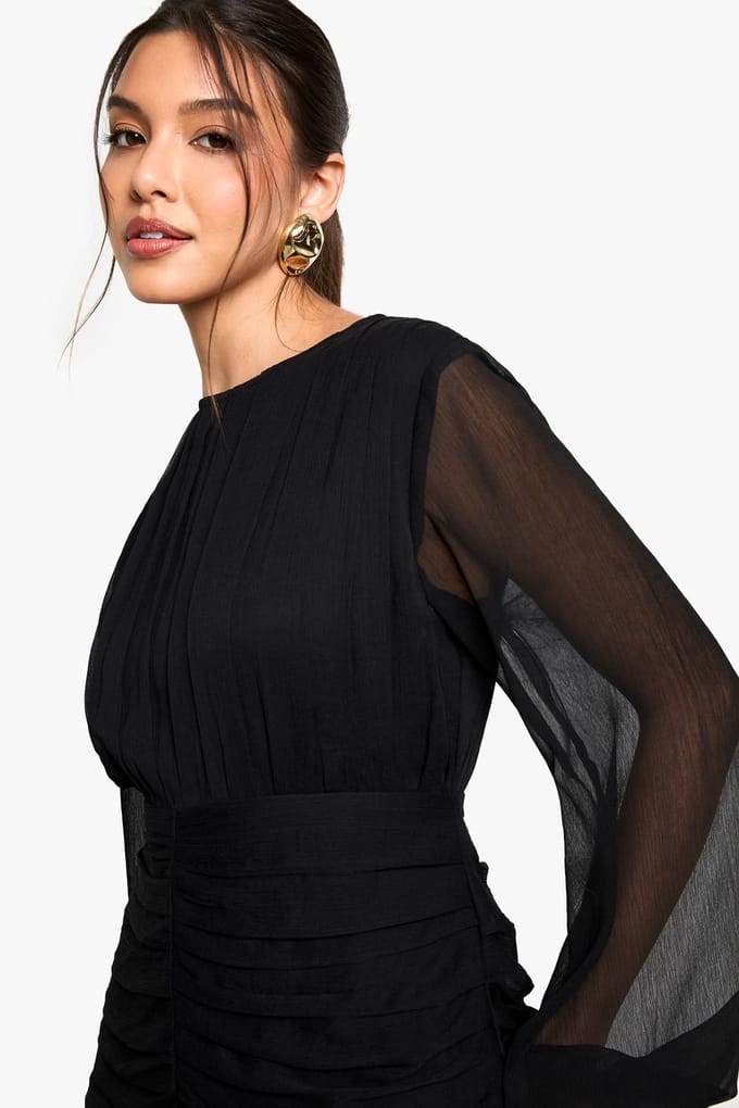 boohoo Dames Geplooide Chiffon Maxi Jurk Met Ruches | Zwart | Maat: 38