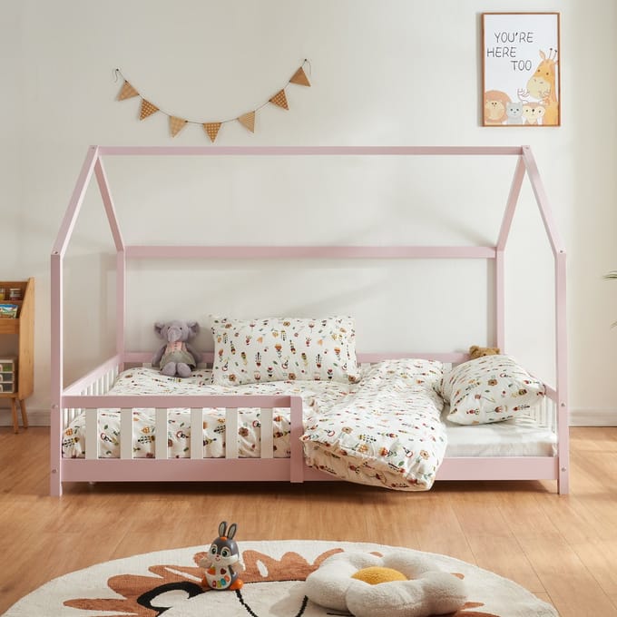 Kinderbed Hesel huisbed met uitvalbeveiliging 120x200 cm roze [en.casa]