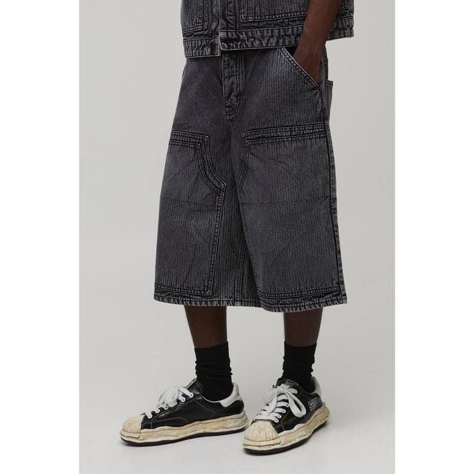 Herringbone Denim Double Carpenter Longline Jorts | Washed Black | Size 46R