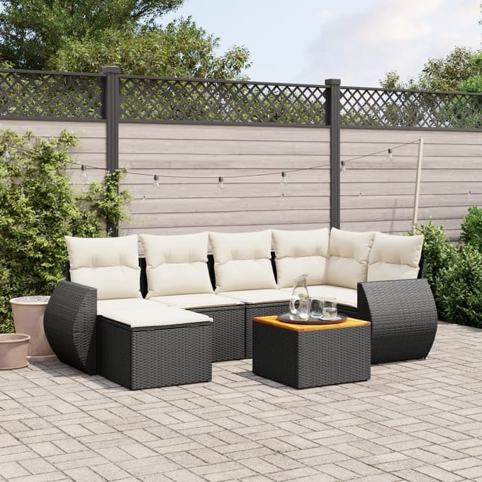 vidaXL - 7-delige - Loungeset - met - kussens - poly - rattan - zwart