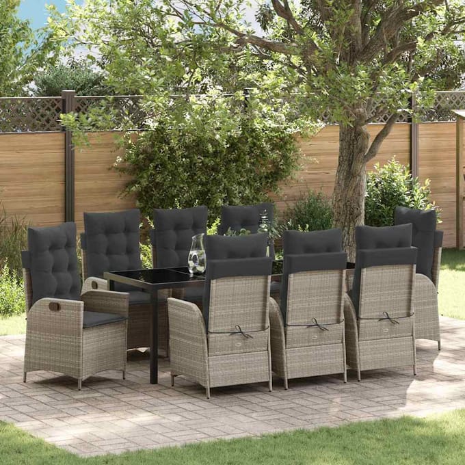 vidaXL - Tuin - Eettafel - Set - 9 - st - Lichtgrijs - poly - rattan