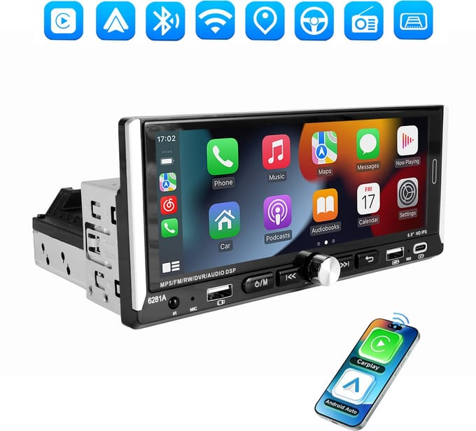 ESSGOO 1Din Autoradio - Android 15 - 4+64GB - 6,9 Inch HD Touchscreen - Apple Carplay & Android Auto (Draadloos)