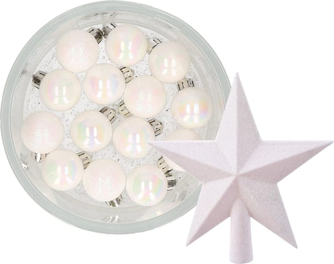 Decoris kerstballen 14x st 3 cm - met ster piek - parelmoer wit - kunststof