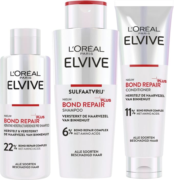 L'Oréal Paris Elvive Bond Repair Pre-Shampoo, Shampoo & Conditioner Routine Bundel - Voor Beschadigd Haar - 200ml, 200ml & 150ml