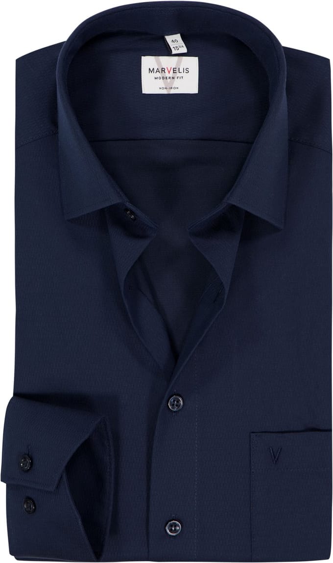 MARVELIS modern fit overhemd - mouwlengte 7 - structuur - donkerblauw - Strijkvrij - Boordmaat: 46 (EU maat: XXL)