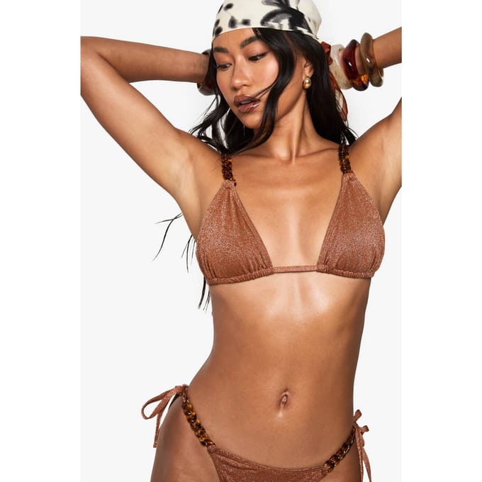 boohoo Dames Premium Zwemkettingriem Glitter Driehoek Bikini Top | Rust | Maat: 12