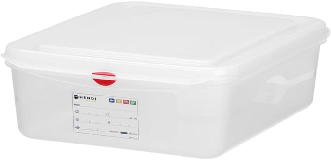 Hendi GN 1/2 container 12.50 liter transparant met deksel en HACCP kleurclips