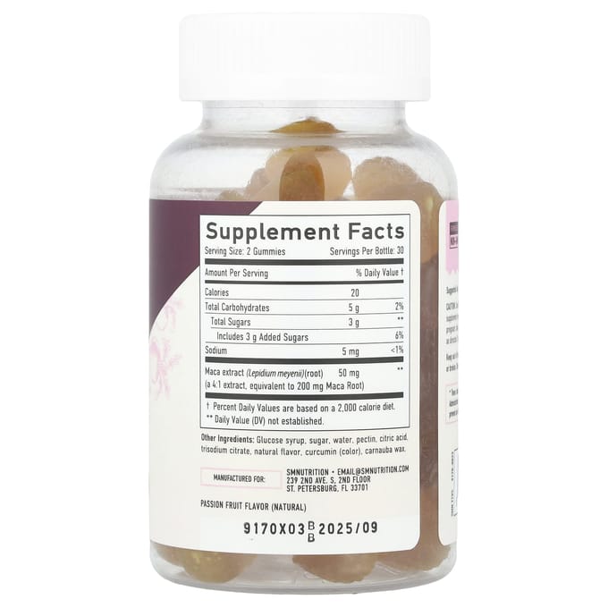 SMNutrition, premium maca wortel gummies, passievrucht, 60 gummies