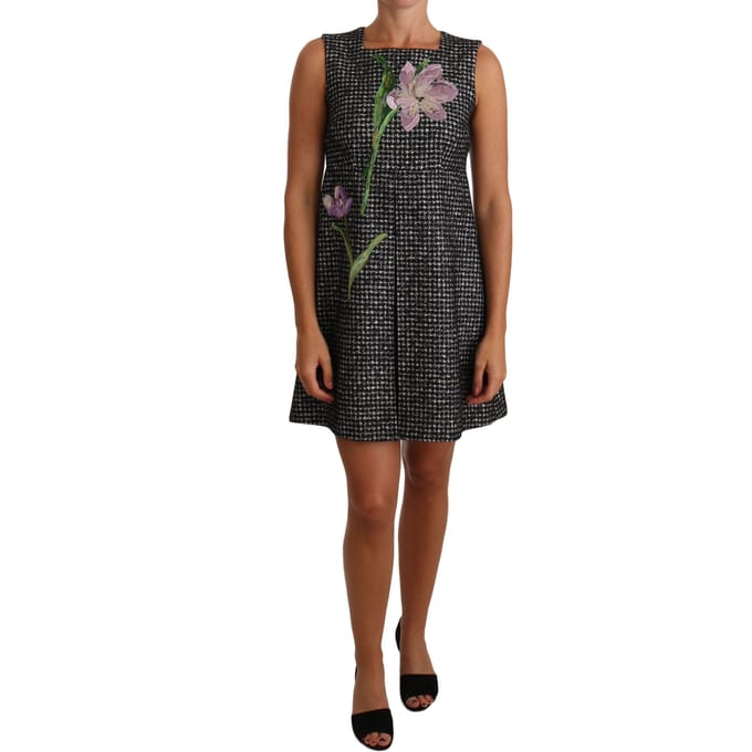 Dolce & Gabbana Vrouwen Grijs Houndstooth Bloemen Appliqué Shift Mini Jurk