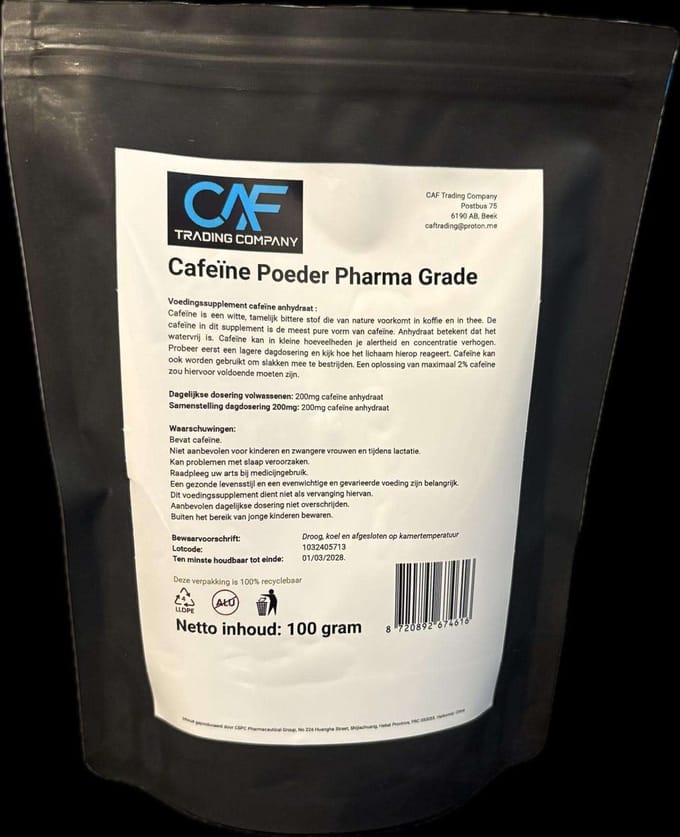 Cafeïne anhydraat poeder 100 gram pharma grade caffeine anhydrous
