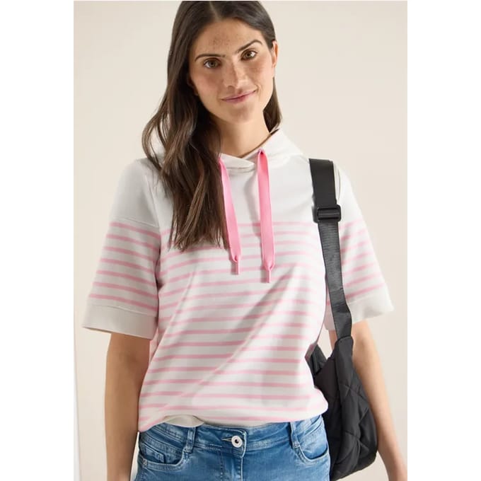Sweater met korte mouwen, capuchon en strepen