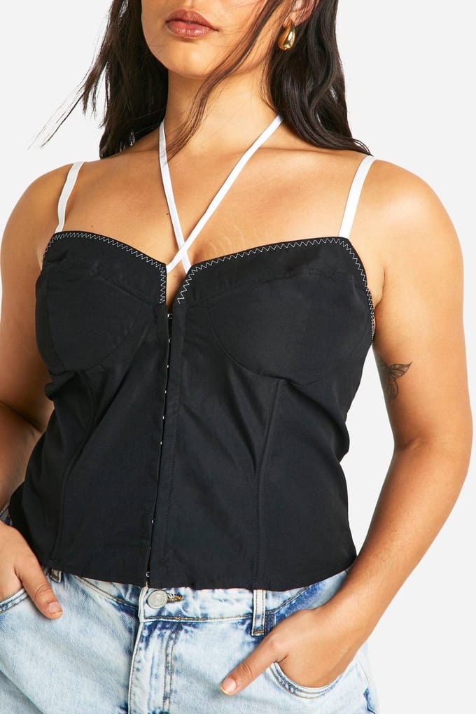 boohoo Dames Plus Contrast Stitch Lace Strappy Corset | Zwart | Maat: 56