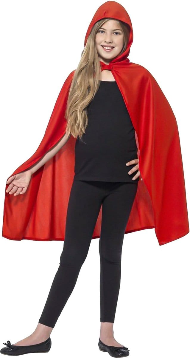 Smiffys Rode cape met capuchon - Voor kinderen 4-12 jaar - Lengte 70-86 cm
