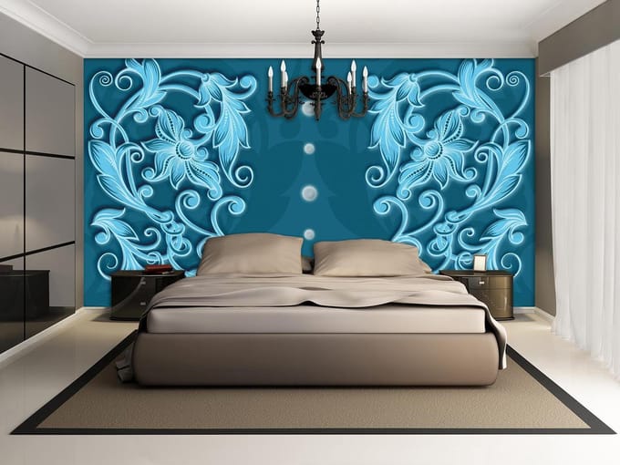Floral Pattern Blue Photo Wallcovering
