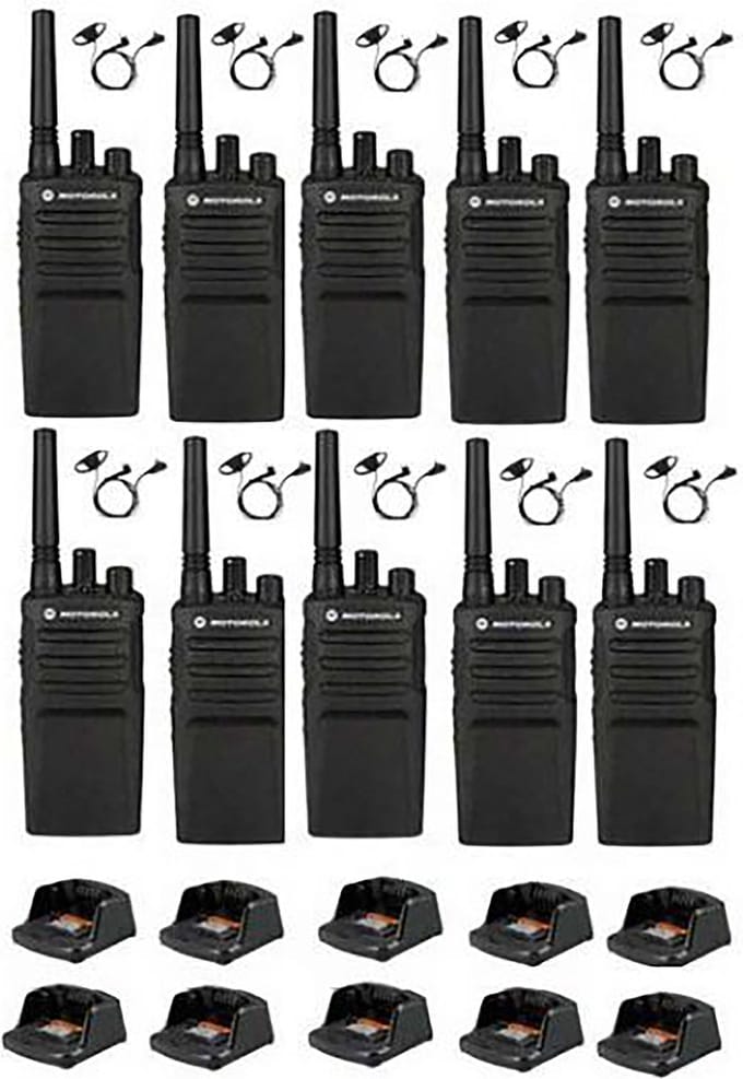Set van 10 Motorola XT420 UHF IP55 PMR446 met laders en D-shape oortje M1 2-Pins