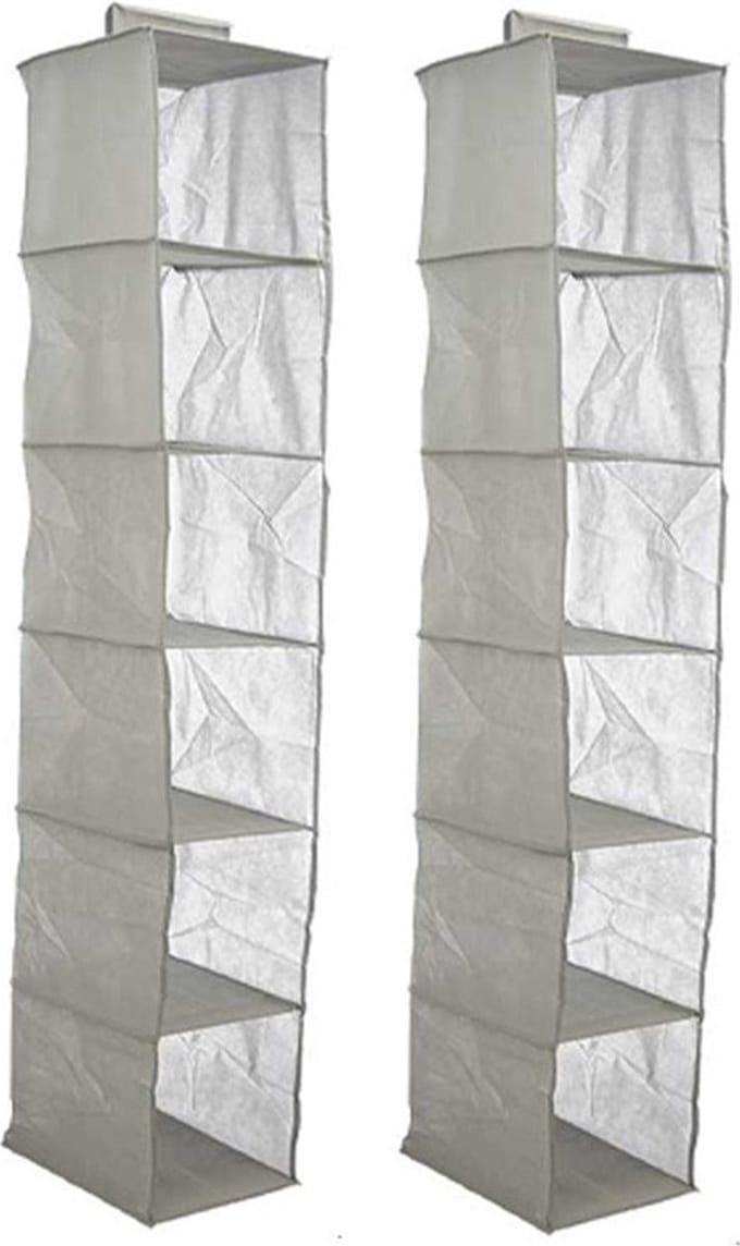 Kipit Kledingkast organizer - 2x - 6 vaks - grijs - 25 x 25 x 138 cm - ruimtebesparend/hangend