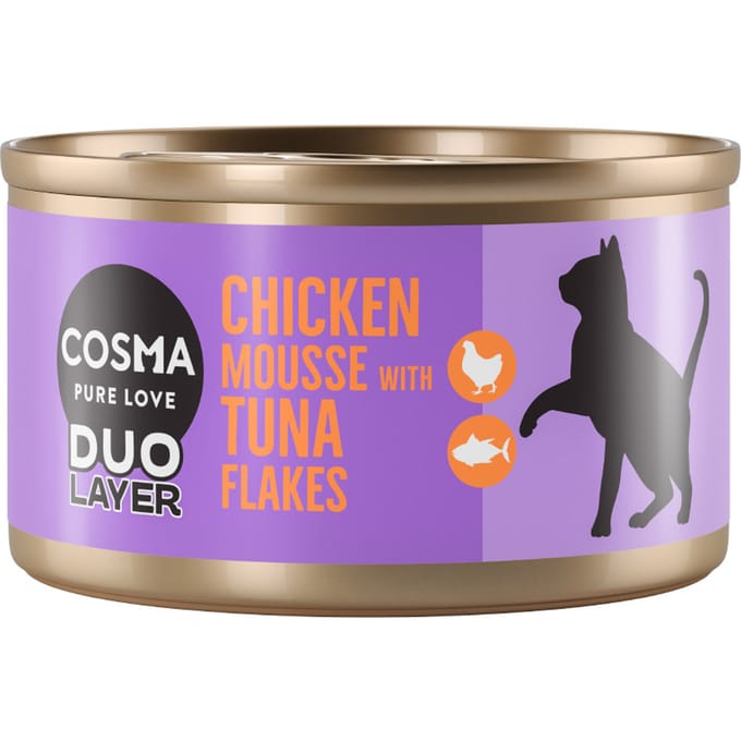 6x70g Kippenmousse met stukjes Tonijn DUO Layer Cosma Kattenvoer