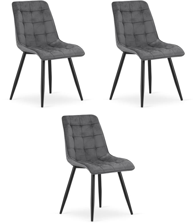 Set van 3 eetkamerstoelen SPLIT - Donkergrijs fluweel - Zwarte metalen poten - Modern design