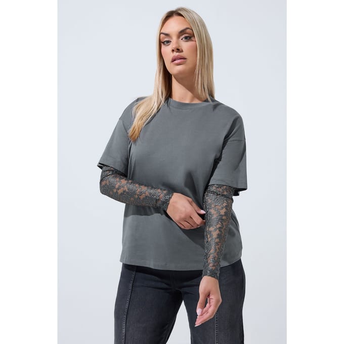 Limited Collection Grijze Top Met Kanten Mouwen Size 44