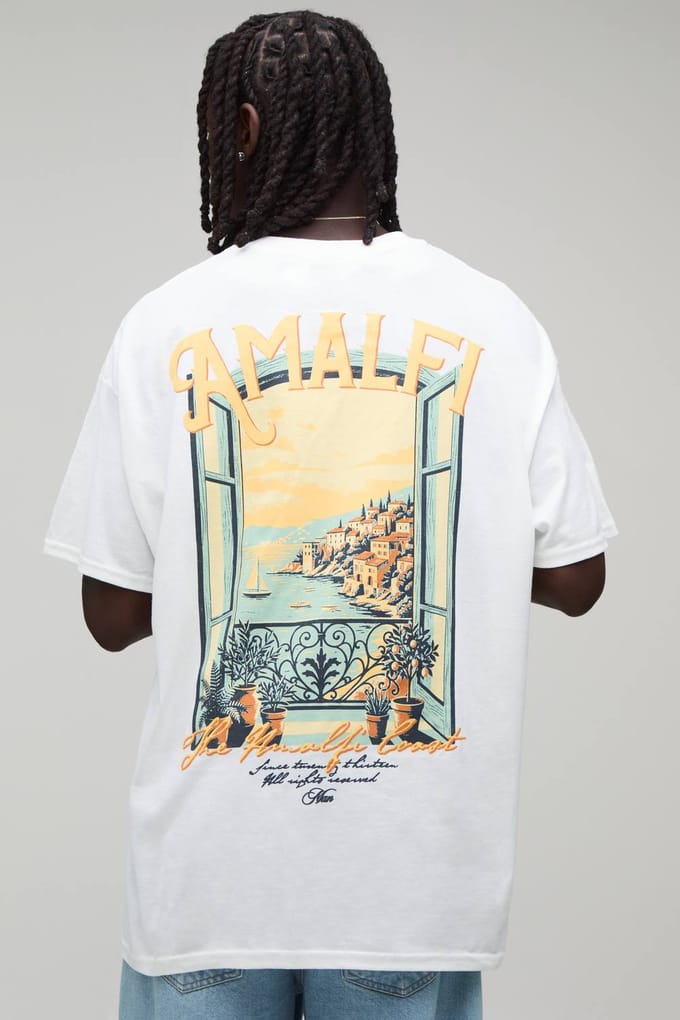 Oversized Heren Script Amalfi Print T-shirt | White | Size Large