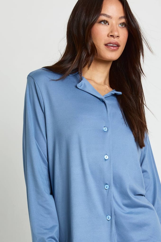 boohoo Dames Lang overhemd met lange mouwen & broekpyjamaset | Dusty Blue | Maat: 8