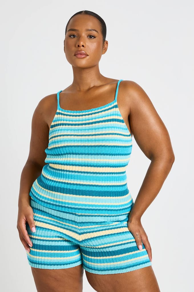 boohoo Dames Plus Gebreide Gestreepte Strandshort | Blauw | Maat: 48-50