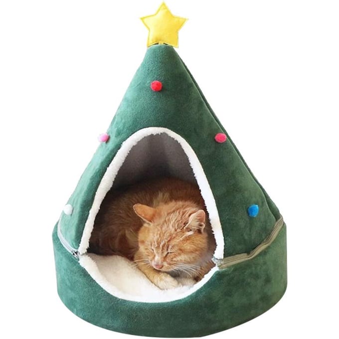 Tente Grotte Lit pour Chat Arbre de Noël Maison Lit pour Chat Confortable Lit Triangle pour Chat Tente Maison pour Animal de Compagnie 43*43*50cm vert