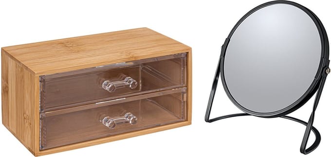 5Five Make-up organizer en spiegel set - 2 lades - bamboe/kunststof - 5x zoom spiegel