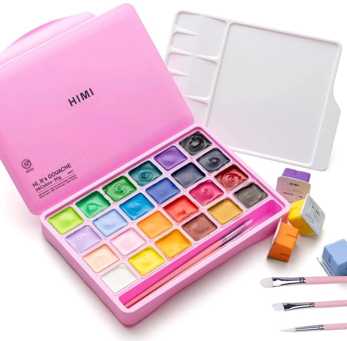 HIMI - Gouache - set van 24 kleuren - 30g - 3 penselen - Roze