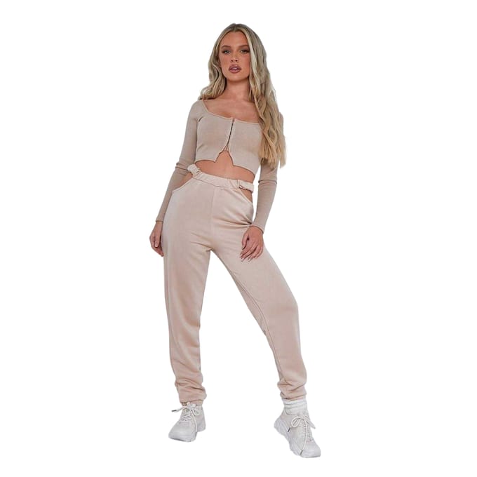 Missy Empire Dames/Dames Ribgebreide Uitgesneden Joggers (Beige)